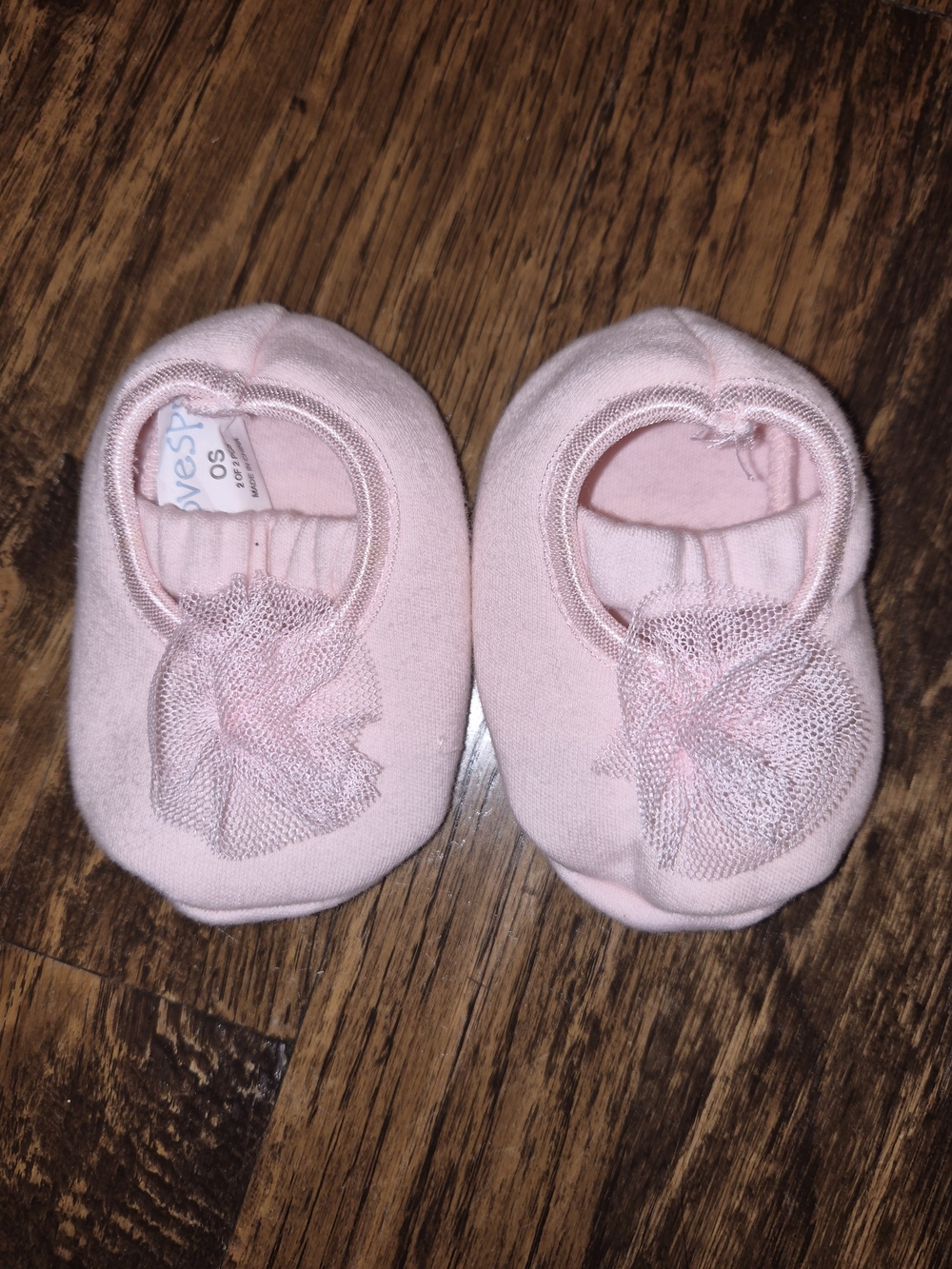 New Lovespun Soft Pink Newborn Baby Ballet Booties with Tulle Flower Sz 0